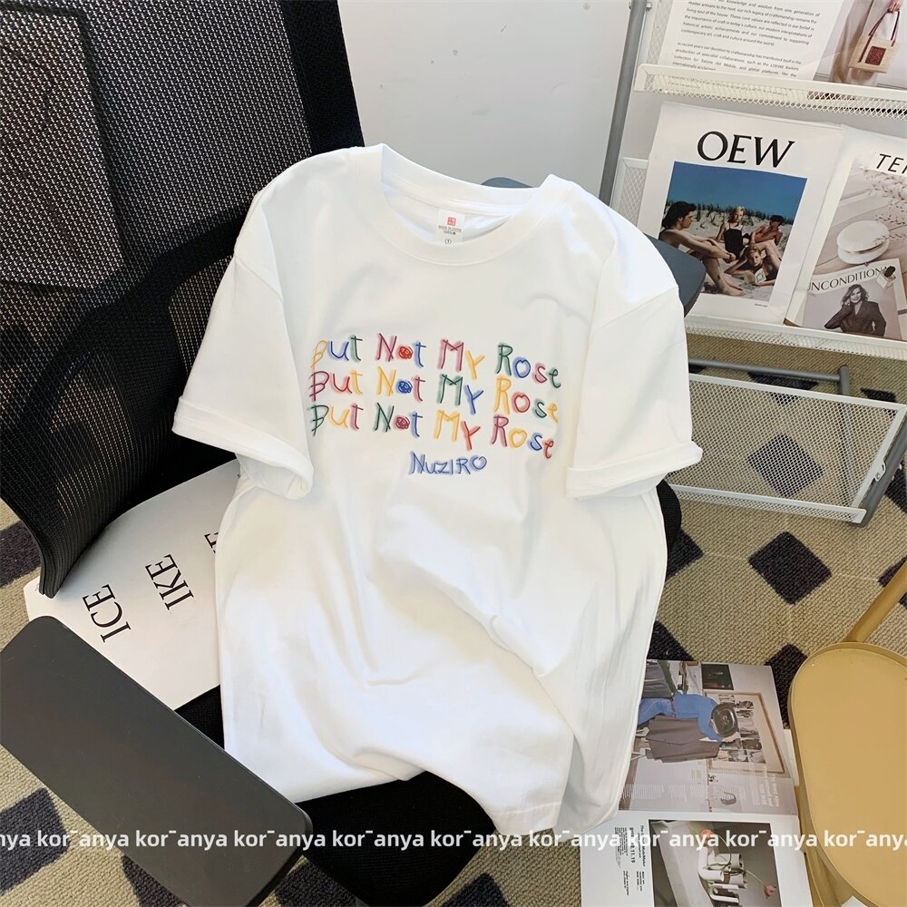 Kor-anya Colorful Letter Print White Short Sleeve Women's T-shirt Summer Loose Slimming Pure Cotton Half Sleeve Body Top · v2