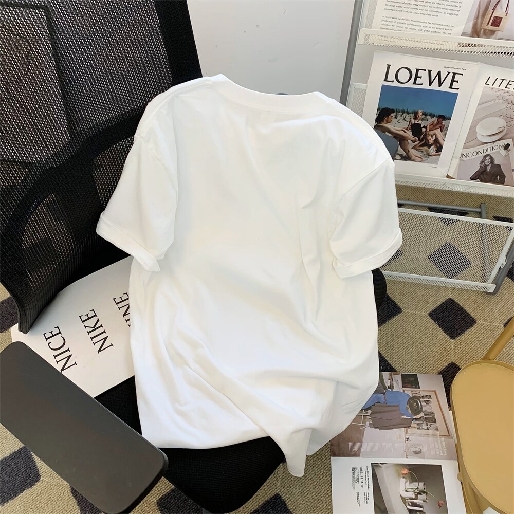 Kor-anya Colorful Letter Print White Short Sleeve Women's T-shirt Summer Loose Slimming Pure Cotton Half Sleeve Body Top · v2