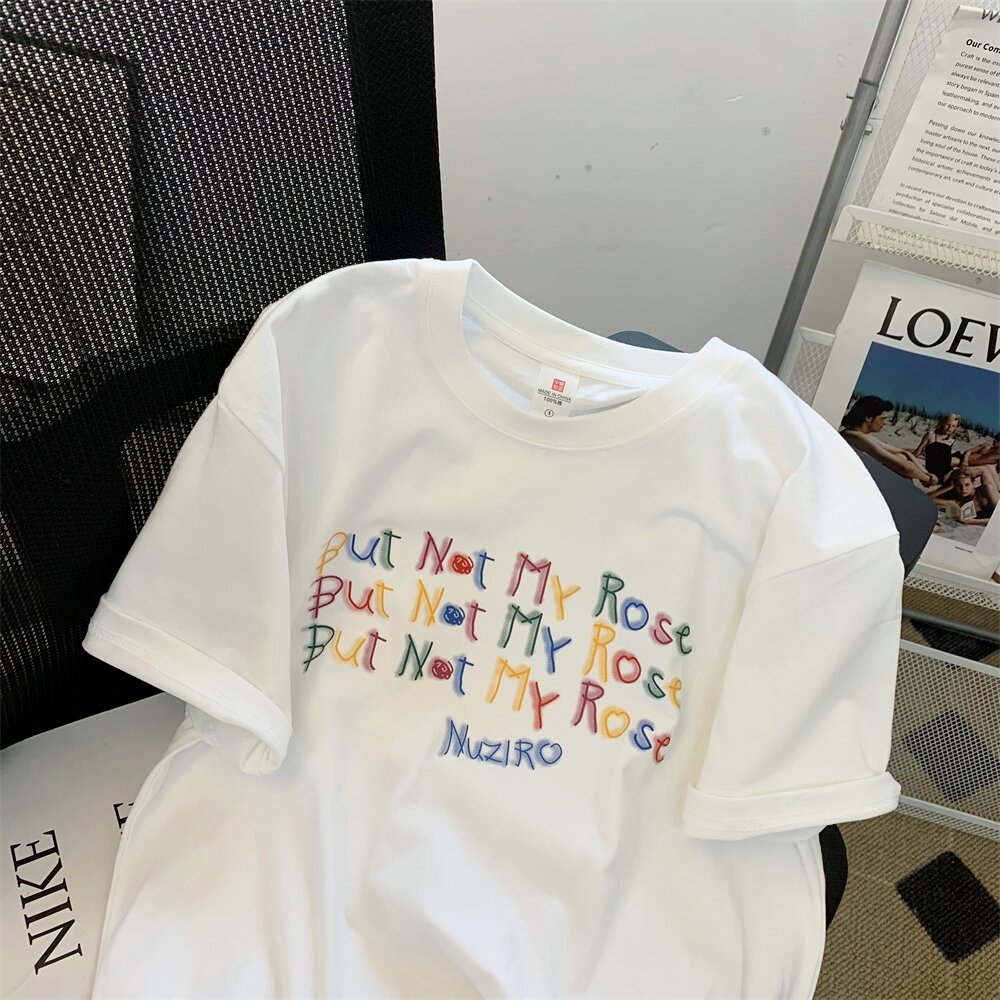 Kor-anya Colorful Letter Print White Short Sleeve Women's T-shirt Summer Loose Slimming Pure Cotton Half Sleeve Body Top · v2