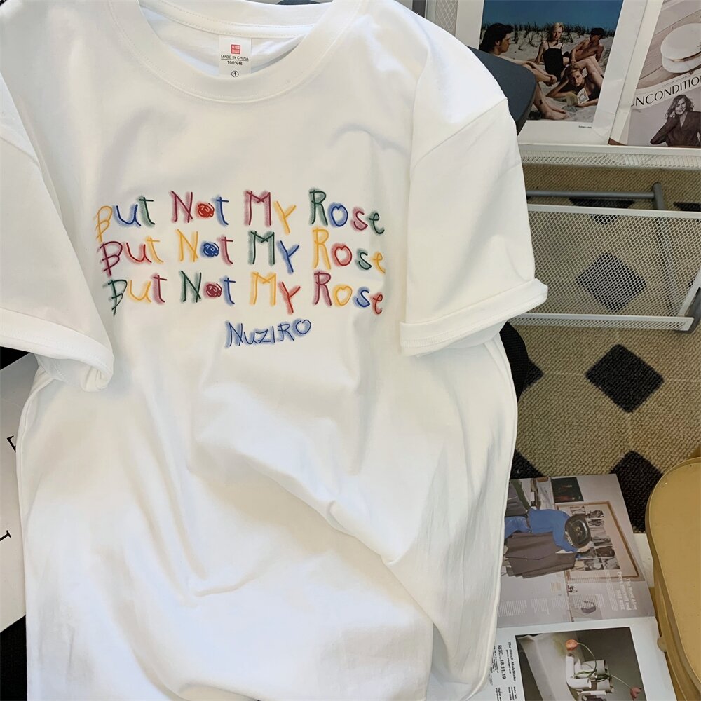 Kor-anya Colorful Letter Print White Short Sleeve Women's T-shirt Summer Loose Slimming Pure Cotton Half Sleeve Body Top · v2