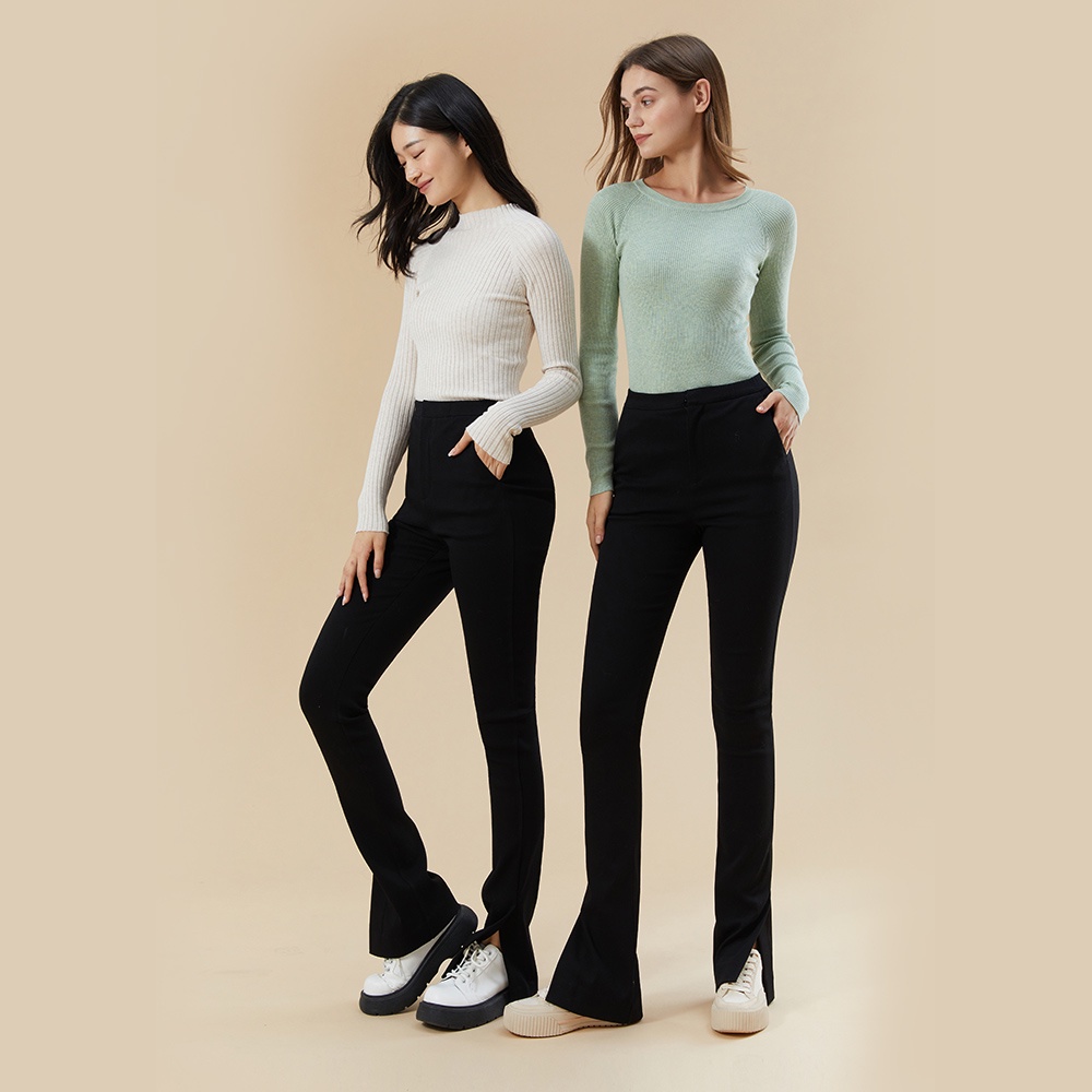 Ohsunny Pantaloni casual dimagranti tascabili a vita alta Pantaloni lunghi ispessiti Pantaloni con spacco Pantaloni svasati Leggings da donna