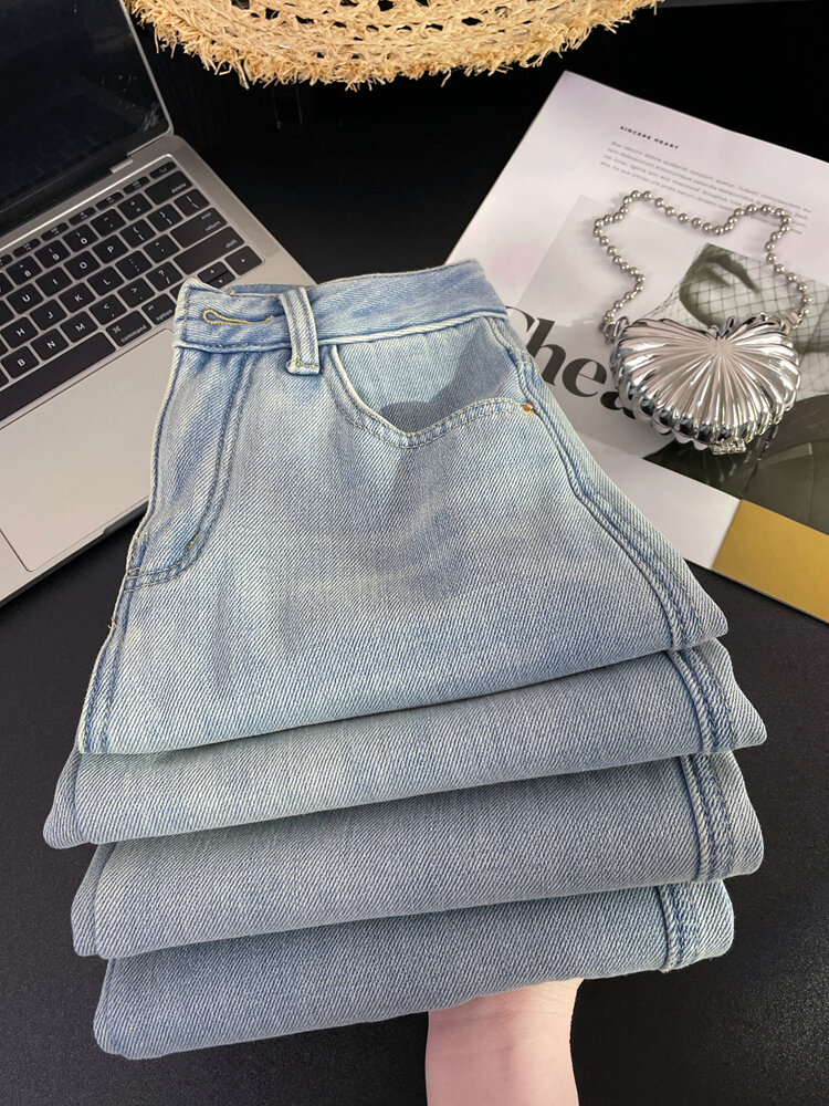 High Waist Loose Fit Long Jeans Women's Spring 2025 French Vintage Light Blue Heart Shaped Wide Leg Straight Cut Denim Trousers · v2