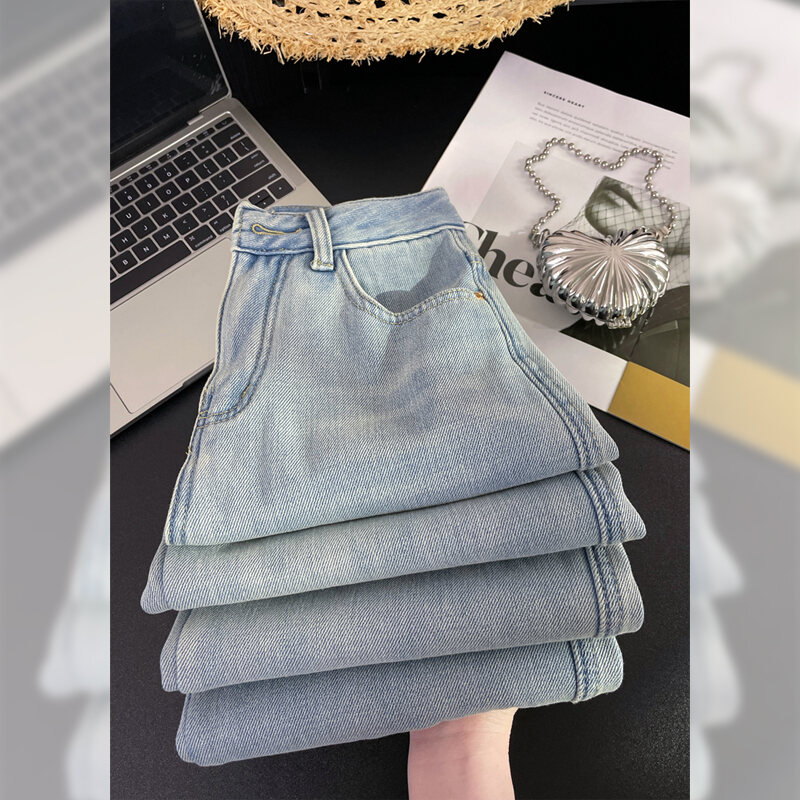 High Waist Loose Fit Long Jeans Women's Spring 2025 French Vintage Light Blue Heart Shaped Wide Leg Straight Cut Denim Trousers · v2