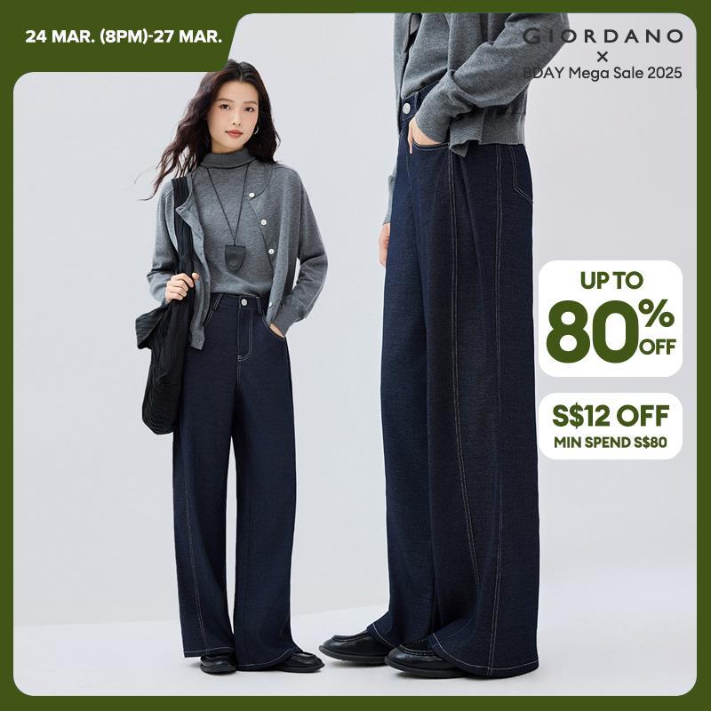 Giordano Women High waist pleated wide leg faux denim jeans Free Shipping 18415204