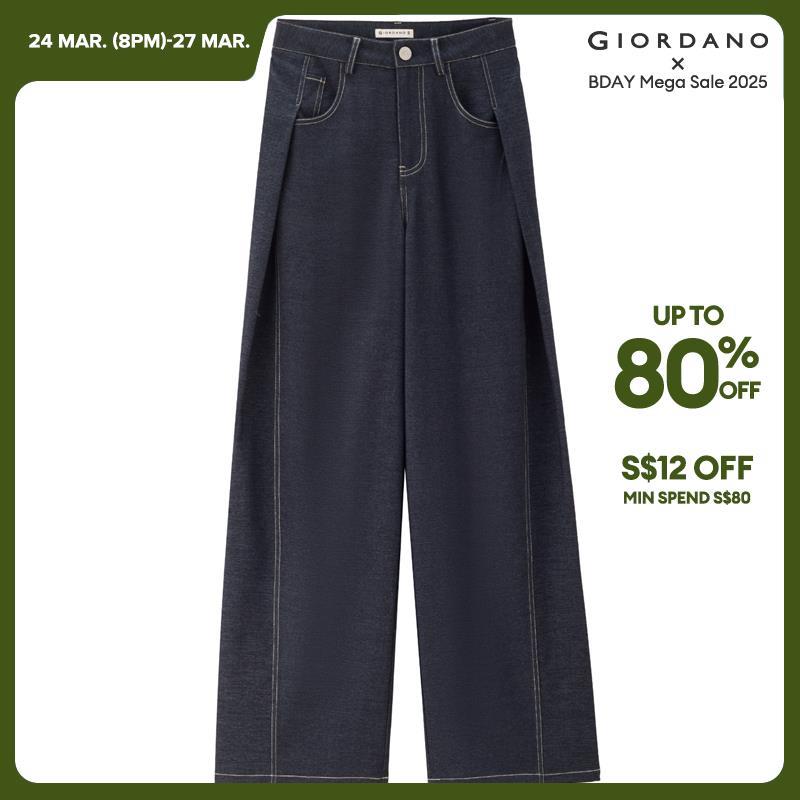 Giordano 女士高腰褶皺寬腿仿牛仔褲 免運 18415204