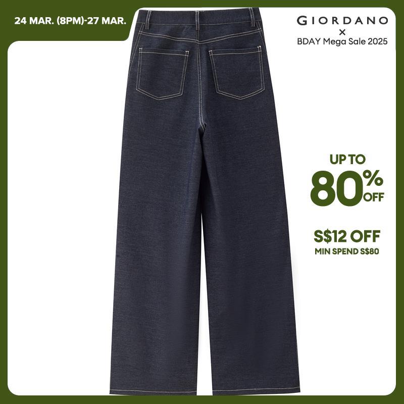 Giordano 女士高腰褶皺寬腿仿牛仔褲 免運 18415204