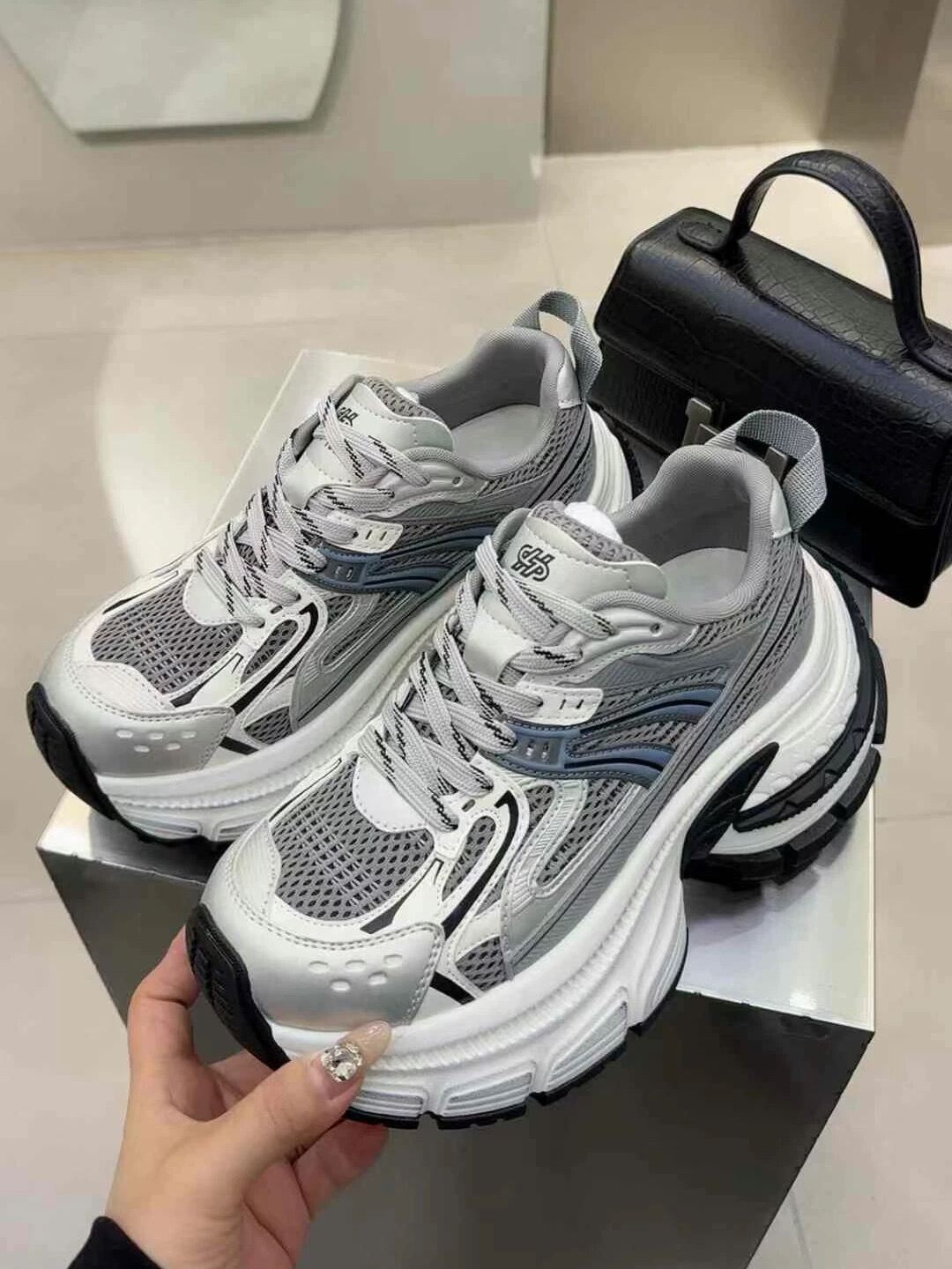 Spring 2025 Women's Casual Sports Shoes Thick Bottom Dad Sneakers Real Leather Patchwork Street Style Leisure Running Shoes