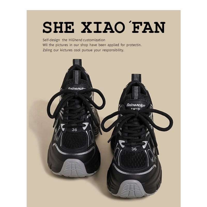 Women's Sport Shoes Casual Thick Bottom Net Surface Heightening Silver Color Spring New Style Fashionable round Head Rubber Outsole · v27
