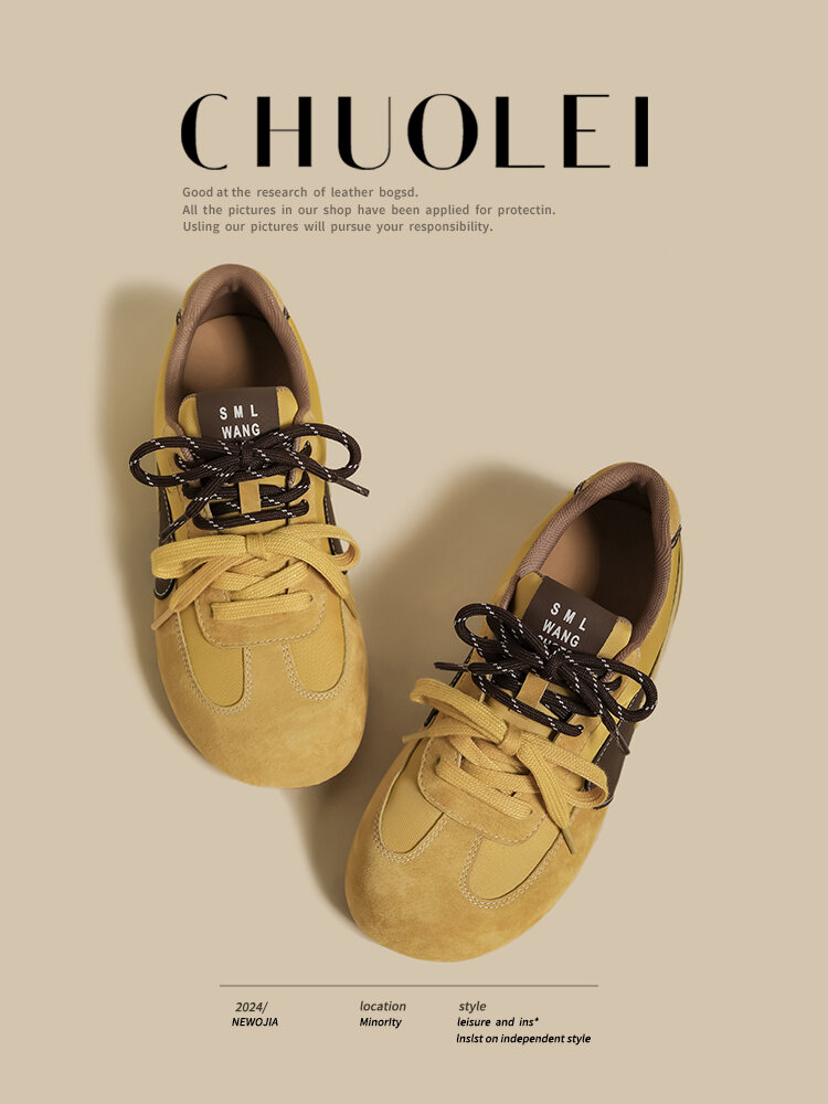 Sepatu Wanita Sporty Bertali Gesper Kuning Mustard Jelek Lucu Kepala Besar Roti Sepatu Olahraga Kasual Tren Mode Musim Semi 2025