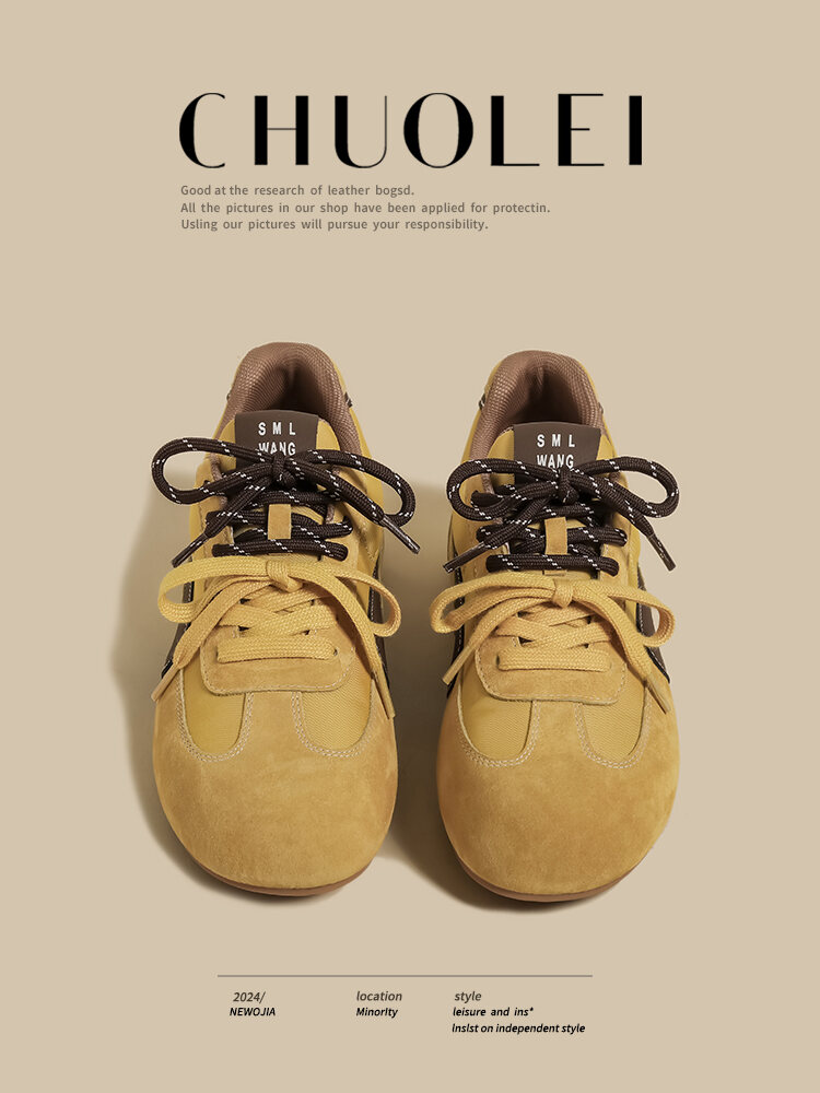 Sepatu Wanita Sporty Bertali Gesper Kuning Mustard Jelek Lucu Kepala Besar Roti Sepatu Olahraga Kasual Tren Mode Musim Semi 2025
