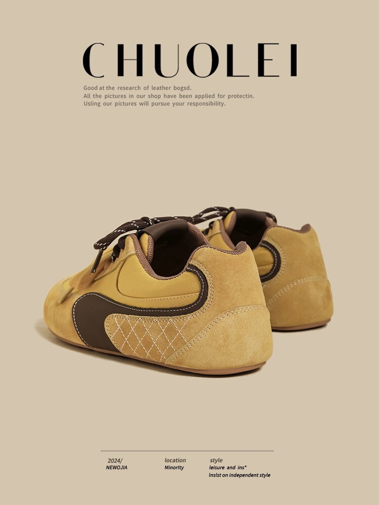 Sepatu Wanita Sporty Bertali Gesper Kuning Mustard Jelek Lucu Kepala Besar Roti Sepatu Olahraga Kasual Tren Mode Musim Semi 2025
