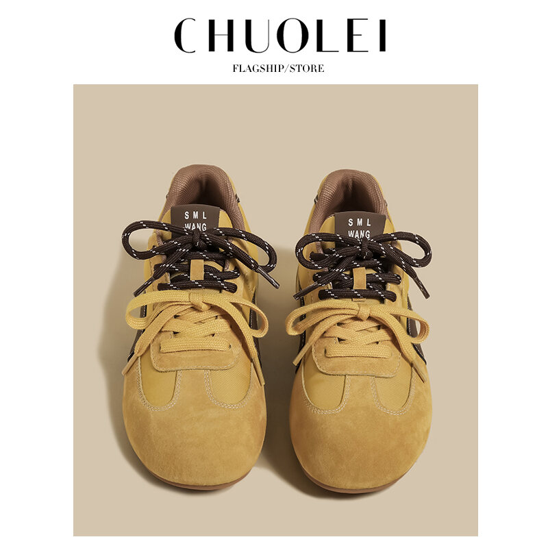 Sepatu Wanita Sporty Bertali Gesper Kuning Mustard Jelek Lucu Kepala Besar Roti Sepatu Olahraga Kasual Tren Mode Musim Semi 2025