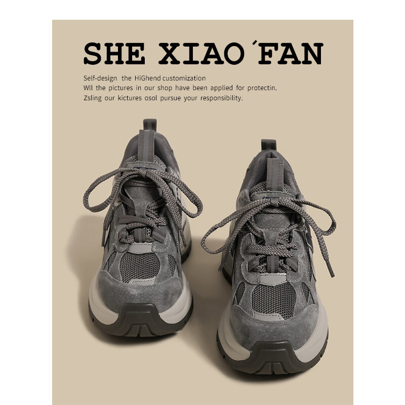 Scarpe da papà da donna con suola spessa Sneakers sportive casual Primavera 2025 Vintage Grey Mesh di piccole dimensioni con giunture rialzate alla moda