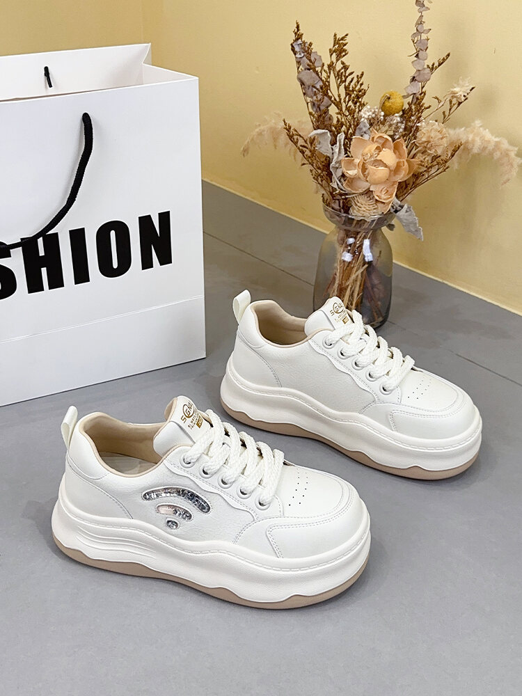 Leather Thick Bottom Platform Sneakers Women's Spring New Style Casual Fashion Sports Shoes Breathable Mesh Inner Lining · v7