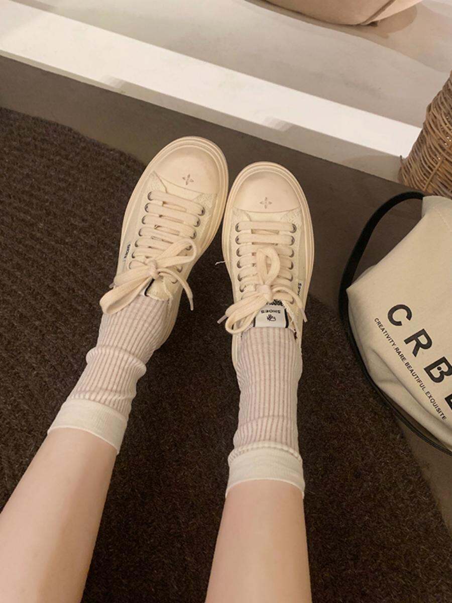 Women's Low Top round Toe Laced Canvas Shoes Thick Bottom Cross Pattern White Sneakers Worn in Dirty Looking Shoes · v11