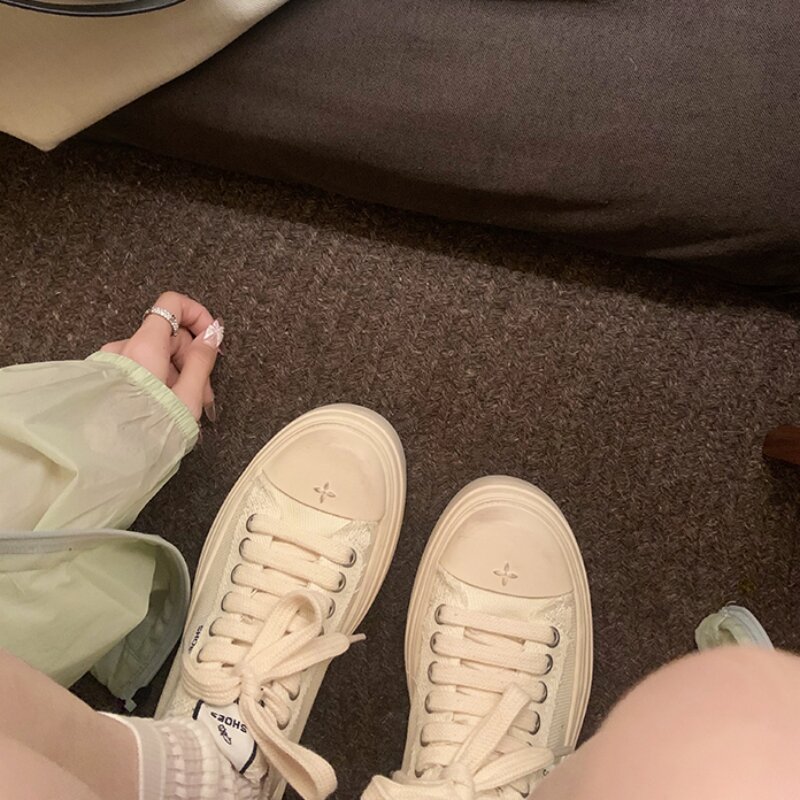Women's Low Top round Toe Laced Canvas Shoes Thick Bottom Cross Pattern White Sneakers Worn in Dirty Looking Shoes · v11