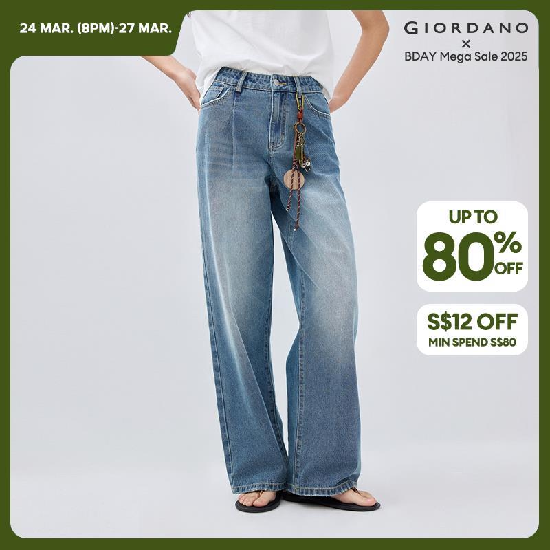 Giordano Women Retro washed high waist wide leg denim pants Free Shipping 18415506 · v2