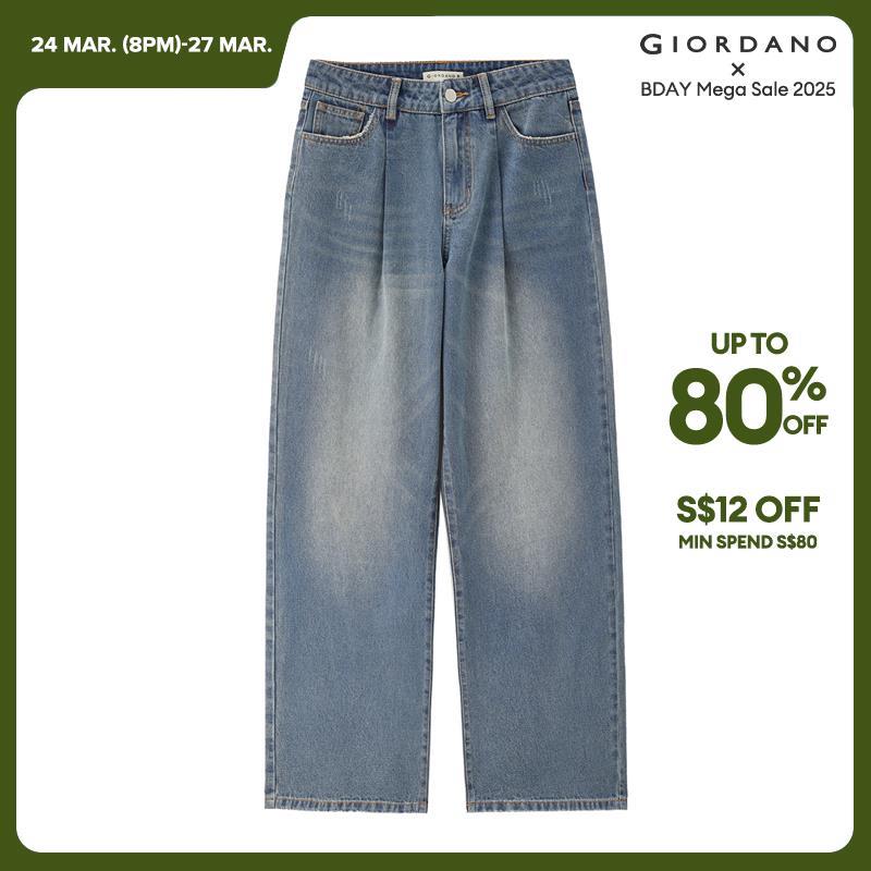 Giordano Women Retro washed high waist wide leg denim pants Free Shipping 18415506 · v2