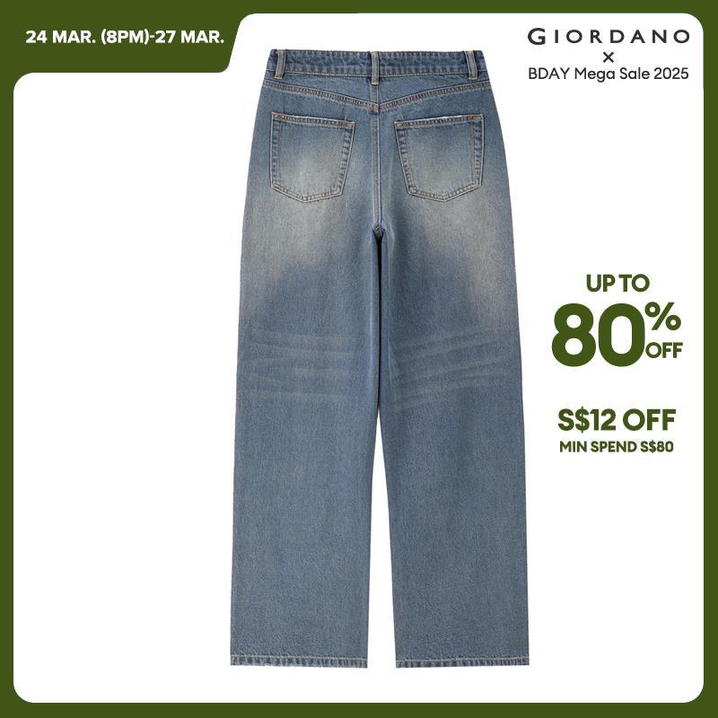 Giordano Women Retro washed high waist wide leg denim pants Free Shipping 18415506 · v2