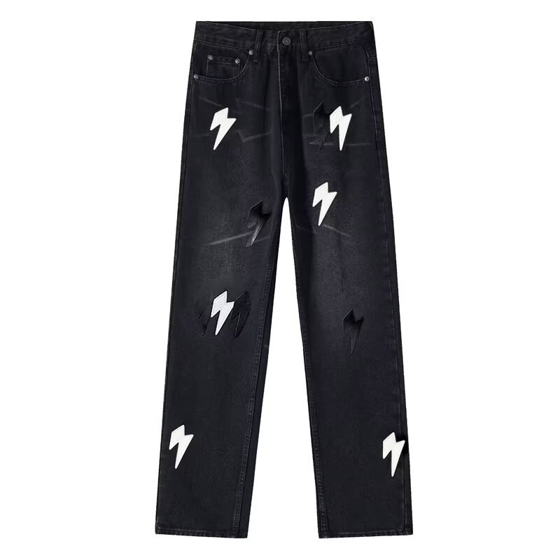 Lightning Print Men's Jeans Y2k Straight Washed Loose Casual Denim Trousers Streetwear Hip Hop Harajuku Couple Model Pants