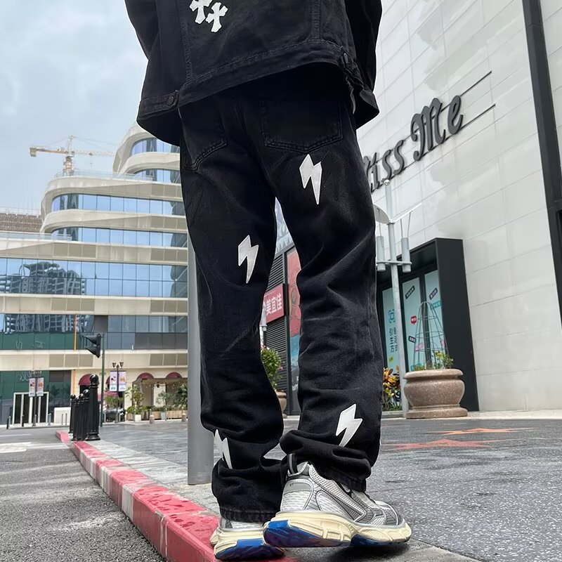 Lightning Print Men's Jeans Y2k Straight Washed Loose Casual Denim Trousers Streetwear Hip Hop Harajuku Couple Model Pants