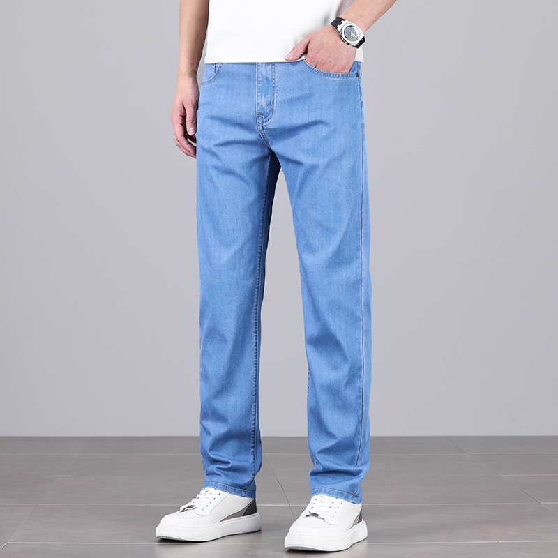 Summer Men's Baggy Jeans Blue UltraThin Classic Soft Breathable Business Casual Straight-leg Stretch Denim Trousers Male