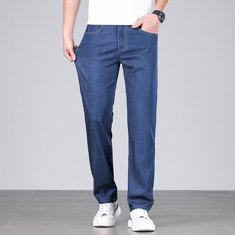 Summer Men's Baggy Jeans Blue UltraThin Classic Soft Breathable Business Casual Straight-leg Stretch Denim Trousers Male
