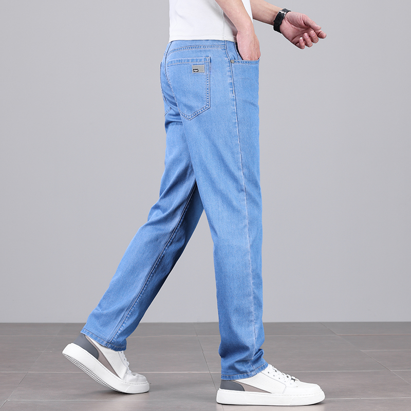 Summer Men's Baggy Jeans Blue UltraThin Classic Soft Breathable Business Casual Straight-leg Stretch Denim Trousers Male