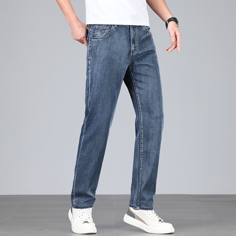 Summer Men's Baggy Jeans Blue UltraThin Classic Soft Breathable Business Casual Straight-leg Stretch Denim Trousers Male