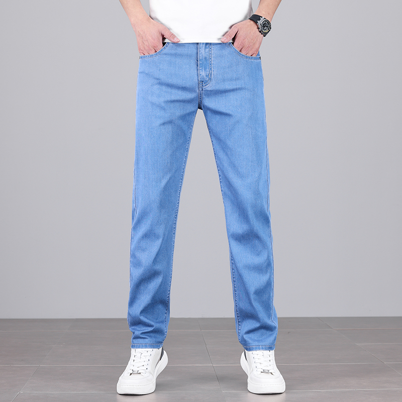 Summer Men's Baggy Jeans Blue UltraThin Classic Soft Breathable Business Casual Straight-leg Stretch Denim Trousers Male