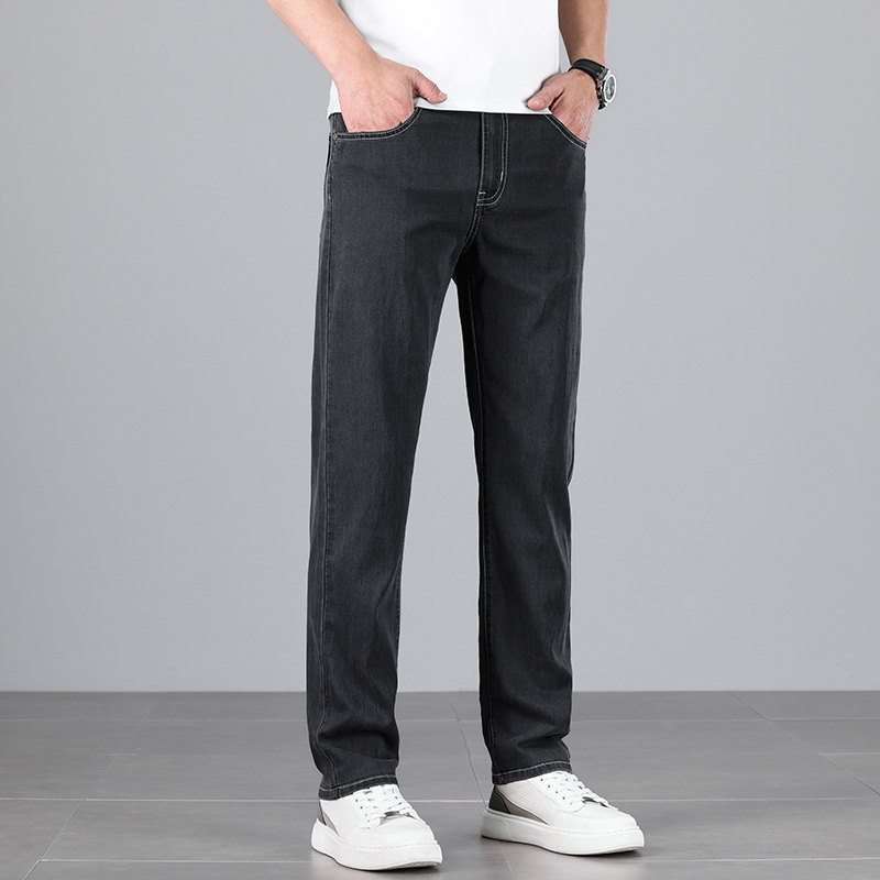 Summer Men's Baggy Jeans Blue UltraThin Classic Soft Breathable Business Casual Straight-leg Stretch Denim Trousers Male
