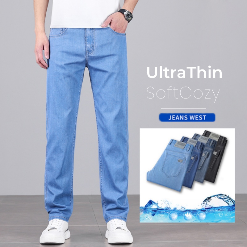 Summer Men's Baggy Jeans Blue UltraThin Classic Soft Breathable Business Casual Straight-leg Stretch Denim Trousers Male