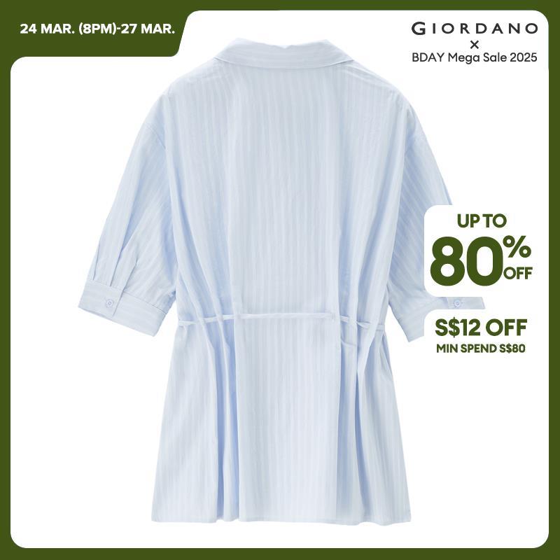Giordano Women V-neck collar tie waist stripe shirt Free Shipping 18345505