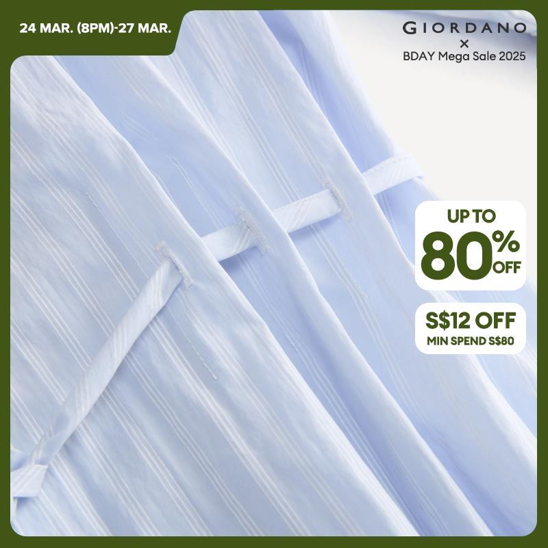 Giordano Women V-neck collar tie waist stripe shirt Free Shipping 18345505