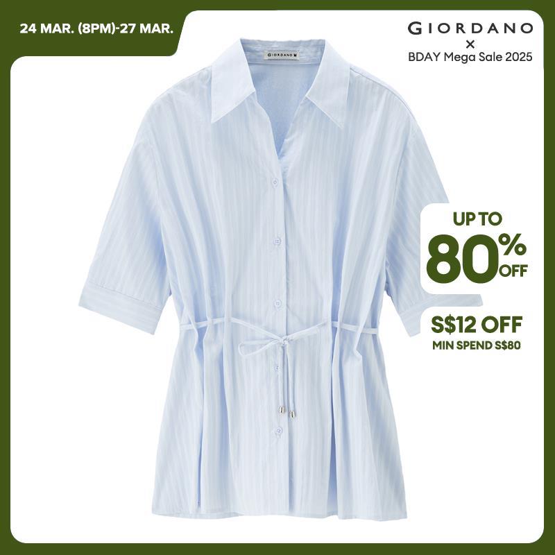 Giordano Women V-neck collar tie waist stripe shirt Free Shipping 18345505
