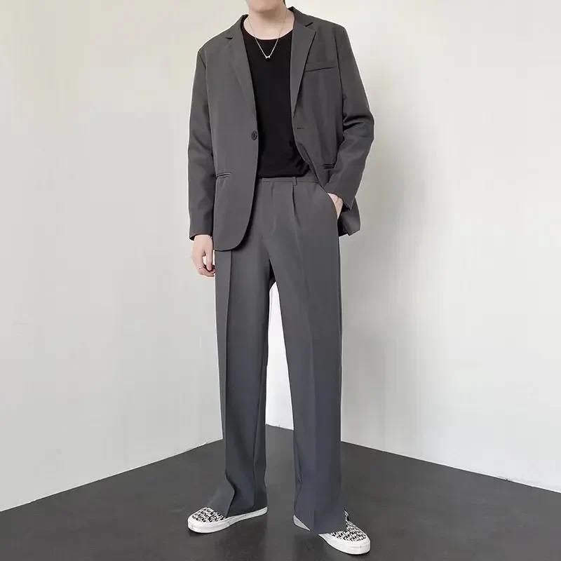 Summer New Men's Suit Pants Korean Style Streetwear Fashion Slim Fit Casual Pants Male Personalized Slit Loose Long Pants