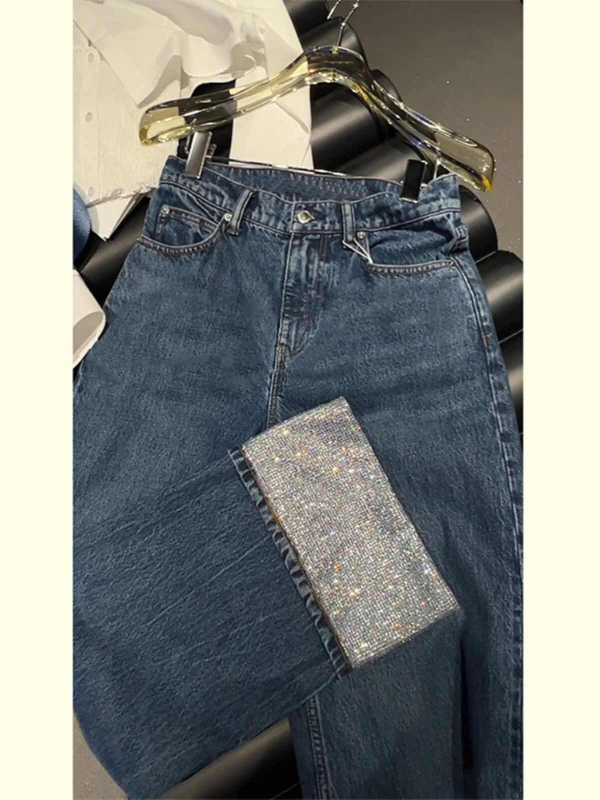 Jeans estivi in seta a vita alta a vita alta Pantaloni lunghi casual con polsini rovesciati decorati a rombi a nove punte