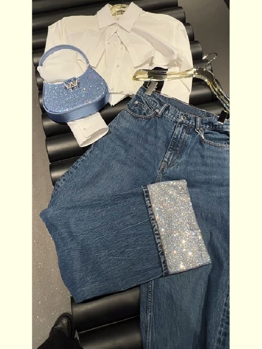 Summer Thin High Waist Silk Jeans Women's Turn-down Cuff Diamond Embellished Nine-point Straight Leg Pants Casual Long Trousers · v2