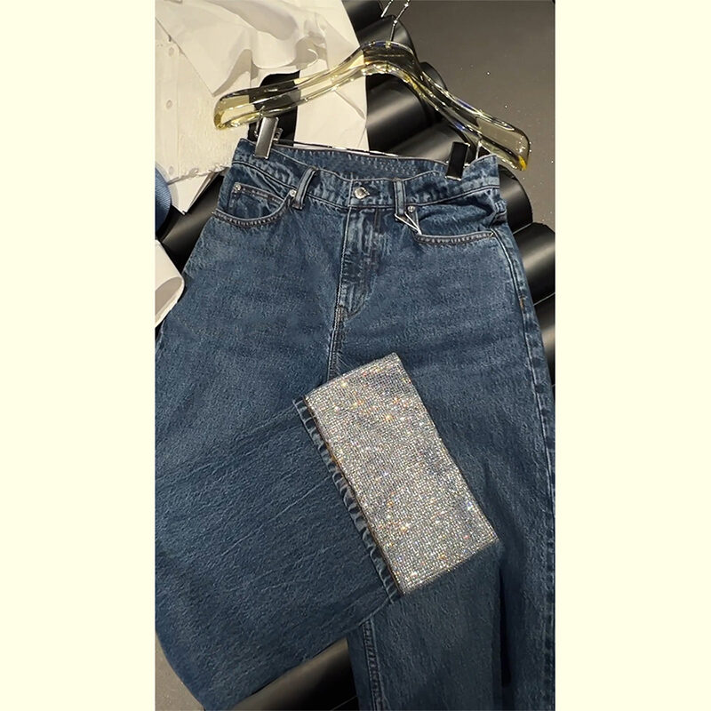 Summer Thin High Waist Silk Jeans Women's Turn-down Cuff Diamond Embellished Nine-point Straight Leg Pants Casual Long Trousers · v2