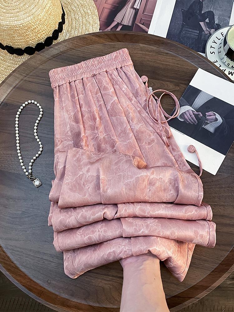 Pantaloni larghi a gamba larga in stile cinese semplici con drappeggio dolce rosa primaverile Pantaloni casual versatili a vita alta dal taglio dritto