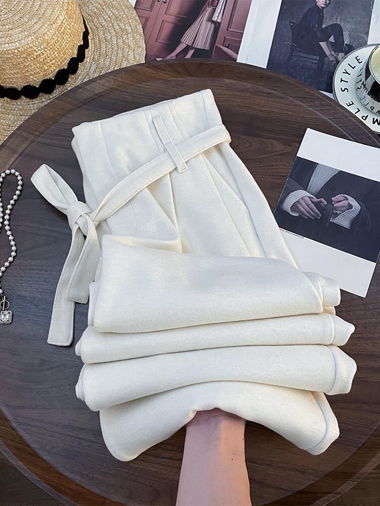 White High Waist Slimming Wide Leg Pants Spring 2025 Casual Vintage Korean Loose Pleated Straight Cut Women's Trousers