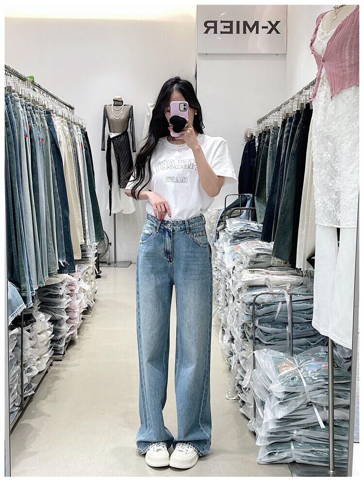 American Style Vintage Blue High Waist Wide Leg Jeans Women Loose Slim Straight Long Pants X-mier Denim Trousers for Ladies · v2