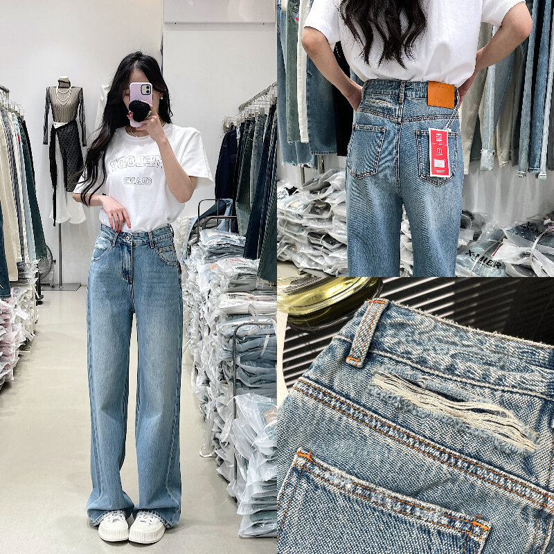 American Style Vintage Blue High Waist Wide Leg Jeans Women Loose Slim Straight Long Pants X-mier Denim Trousers for Ladies · v2