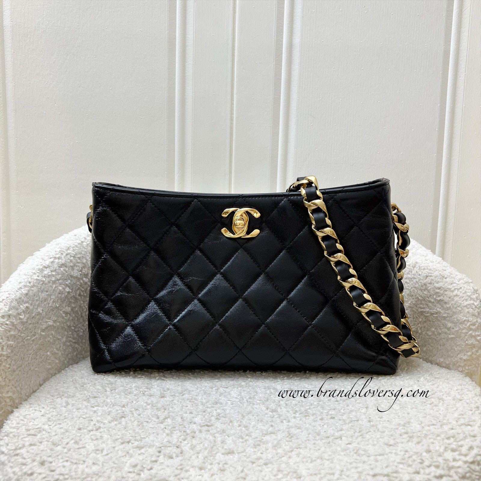 Chanel 24B Hobo Bag in Black Shiny Lambskin and GHW (Model: AS5077)