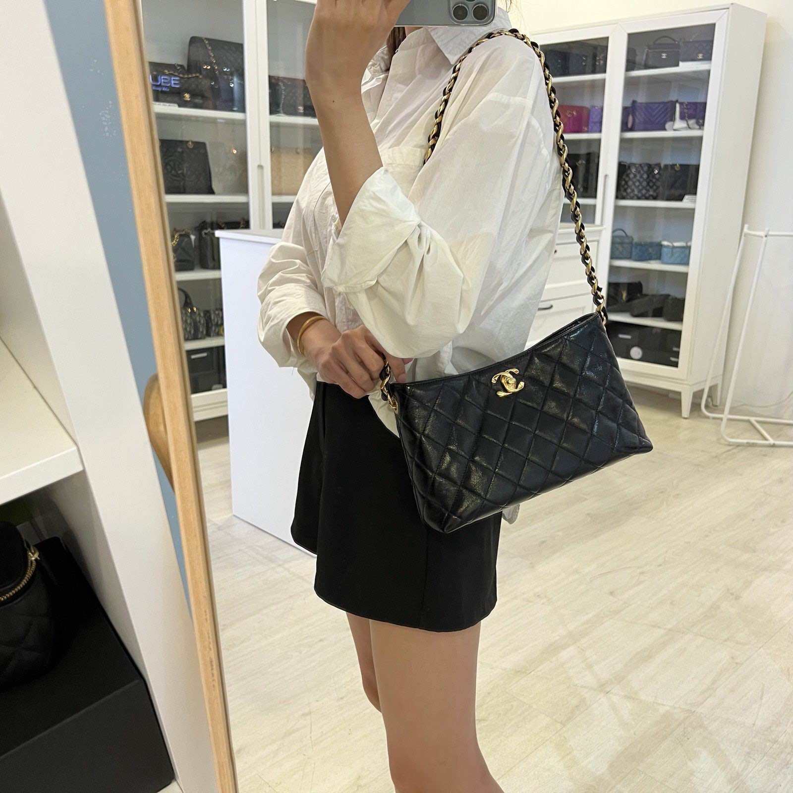 Chanel 24B Hobo Bag in Black Shiny Lambskin and GHW (Model: AS5077) · v10