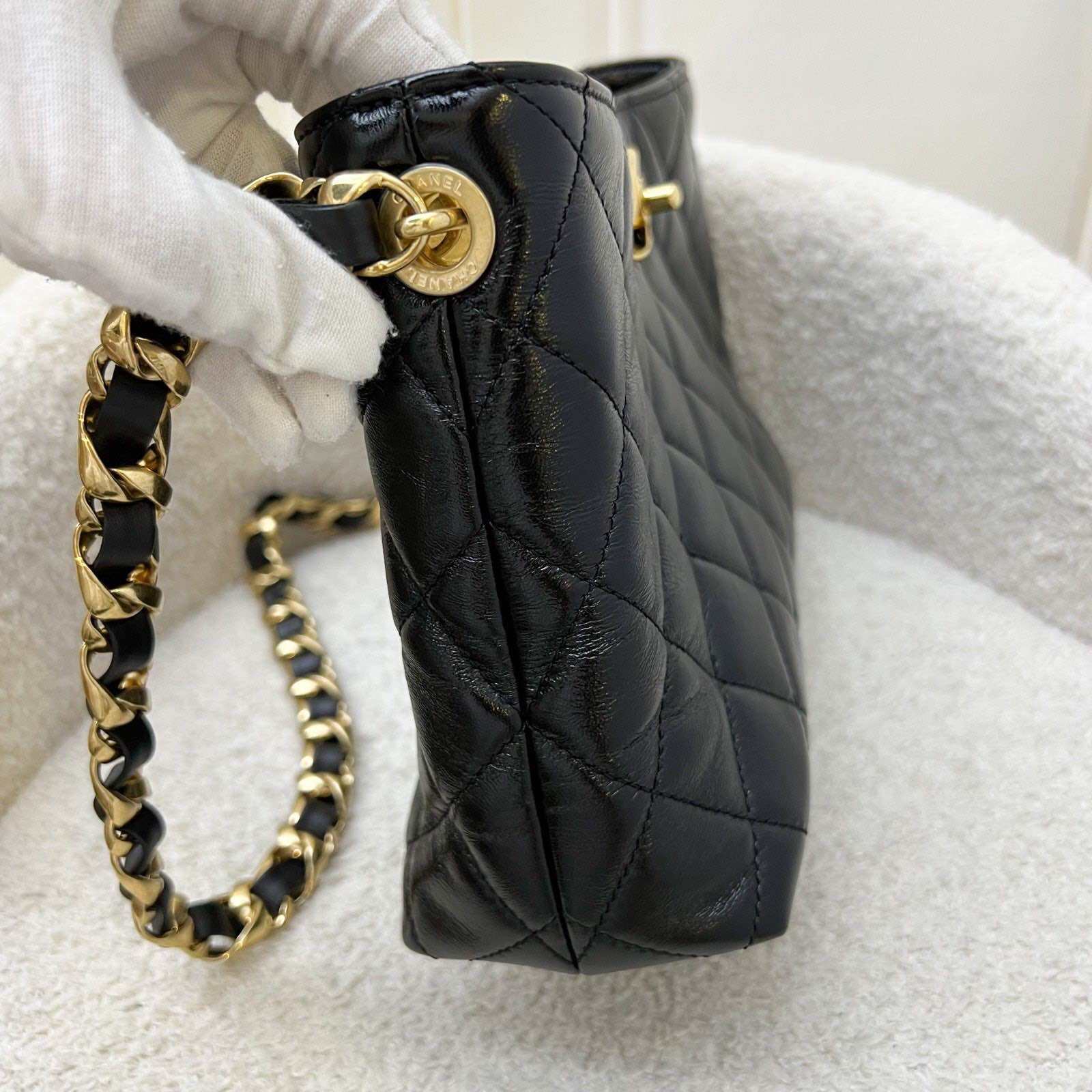 Chanel 24B Hobo Bag in Black Shiny Lambskin and GHW (Model: AS5077) · v10