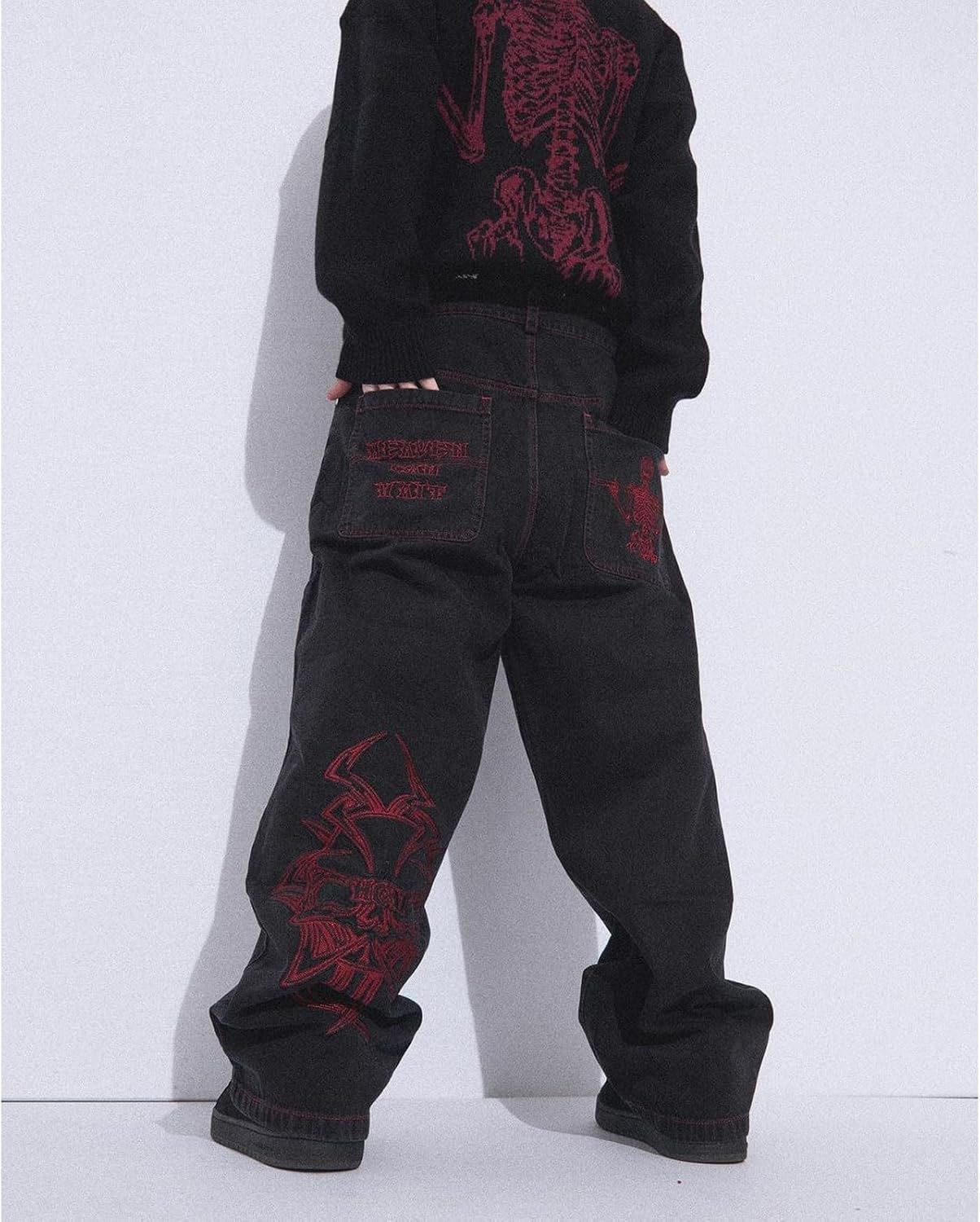 Y2K Jeans Hiphop Vintage Skull Embroidery Wash Spijkerbroek voor heren, gotische broek met rechte buis en wijde pijpen
