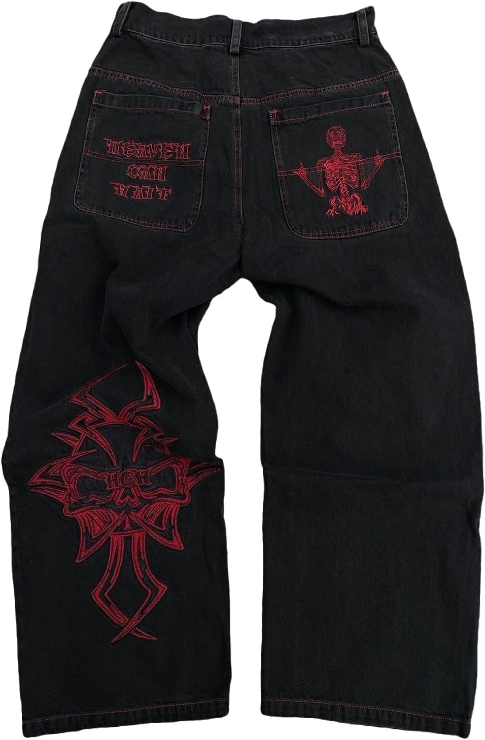 Y2K Jeans Hiphop Vintage Skull Embroidery Wash Spijkerbroek voor heren, gotische broek met rechte buis en wijde pijpen