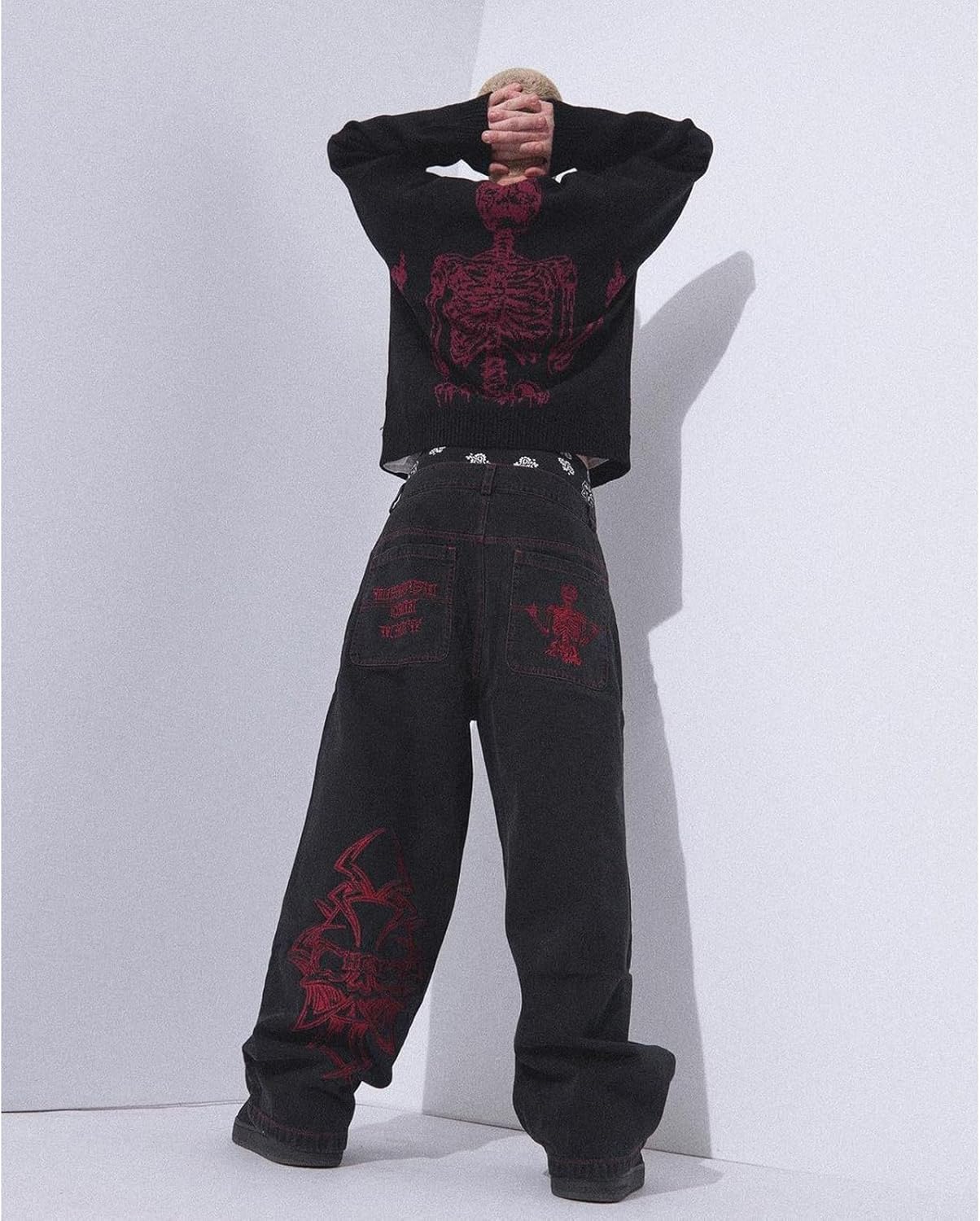 Y2K Jeans Hiphop Vintage Skull Embroidery Wash Spijkerbroek voor heren, gotische broek met rechte buis en wijde pijpen