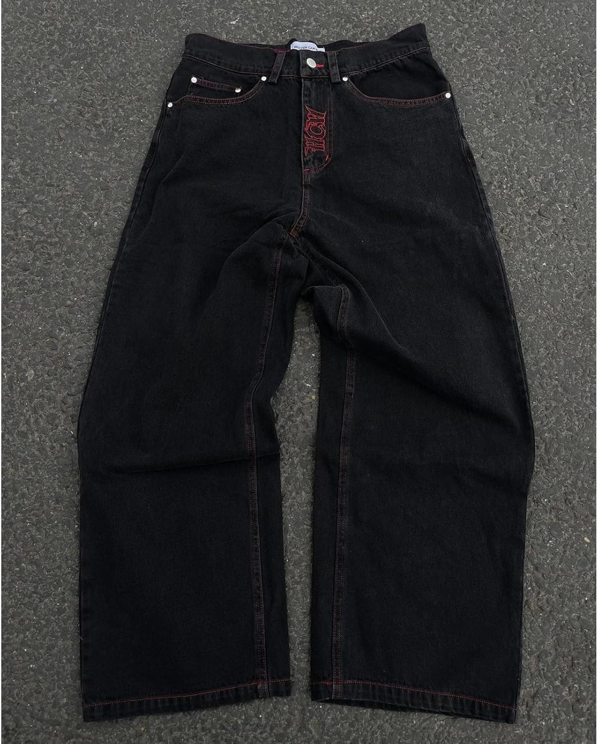 Y2K Jeans Hiphop Vintage Skull Embroidery Wash Spijkerbroek voor heren, gotische broek met rechte buis en wijde pijpen